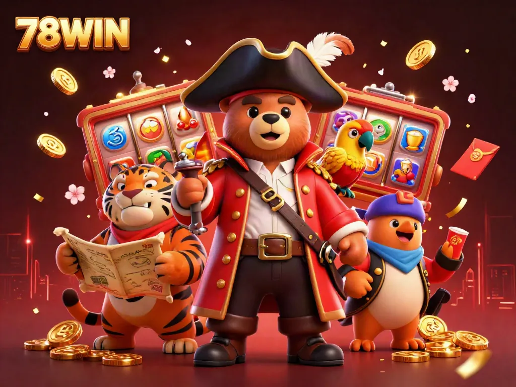 Engage in thrilling slot action with 78WIN's vibrant and captivating gaming scene, featuring colorful symbols and joyous characters.