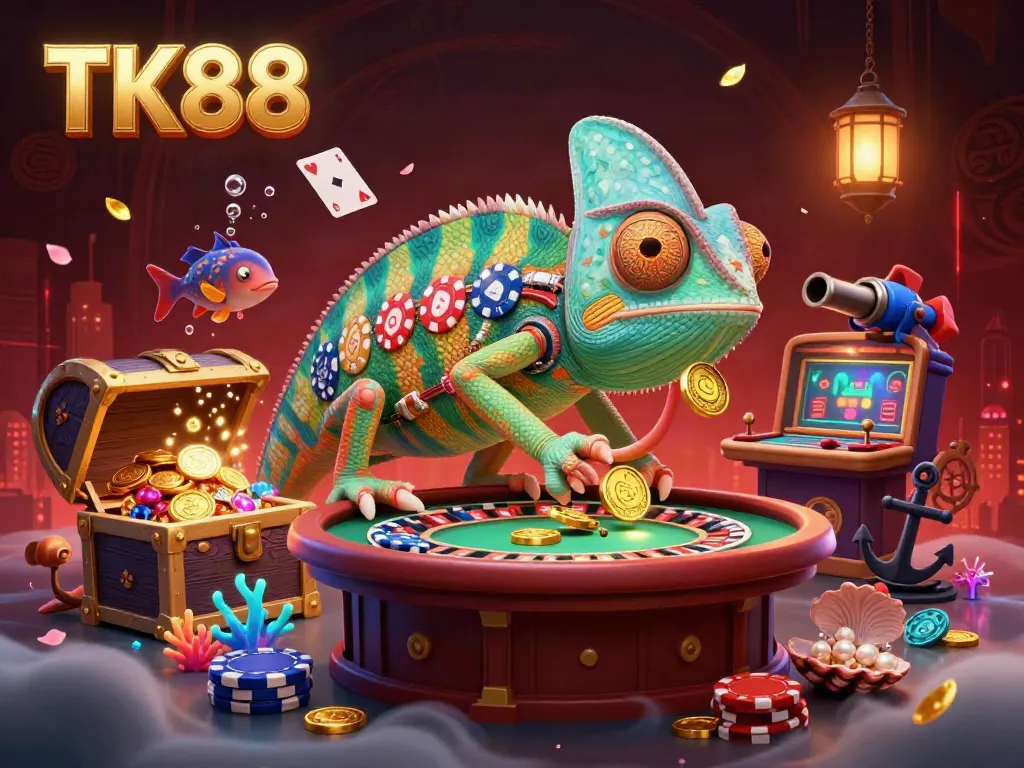 Engage in thrilling casino action with TK88's colorful chameleon owner amidst vibrant game elements.