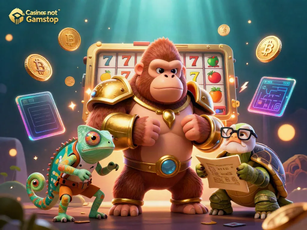 Spin to win in Casinos not on Gamstop with a vibrant 3D illustration featuring a gorilla king and exciting gaming elements.