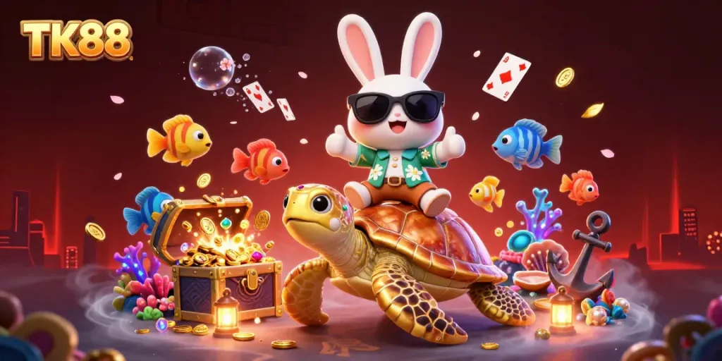 Engaging scene of TK88 with a cartoon rabbit and golden turtle surrounded by treasure and casino elements.
