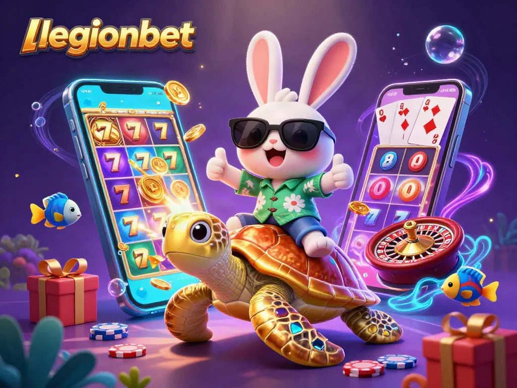 Win big at legionbet with a vibrant 3D scene showcasing a lucky rabbit and golden turtle in a casino atmosphere.