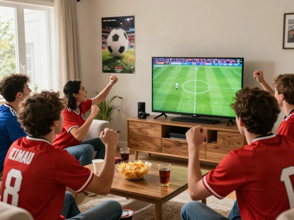 Excited football fans enjoying a match while watching Thapcamtv in a vibrant living room.
