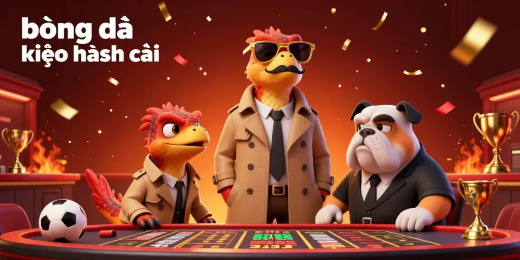 Engage with bóng đá kèo nhà cái as 3 cartoon raptors attempt entry into a VIP sports lounge, filled with dynamic betting elements.