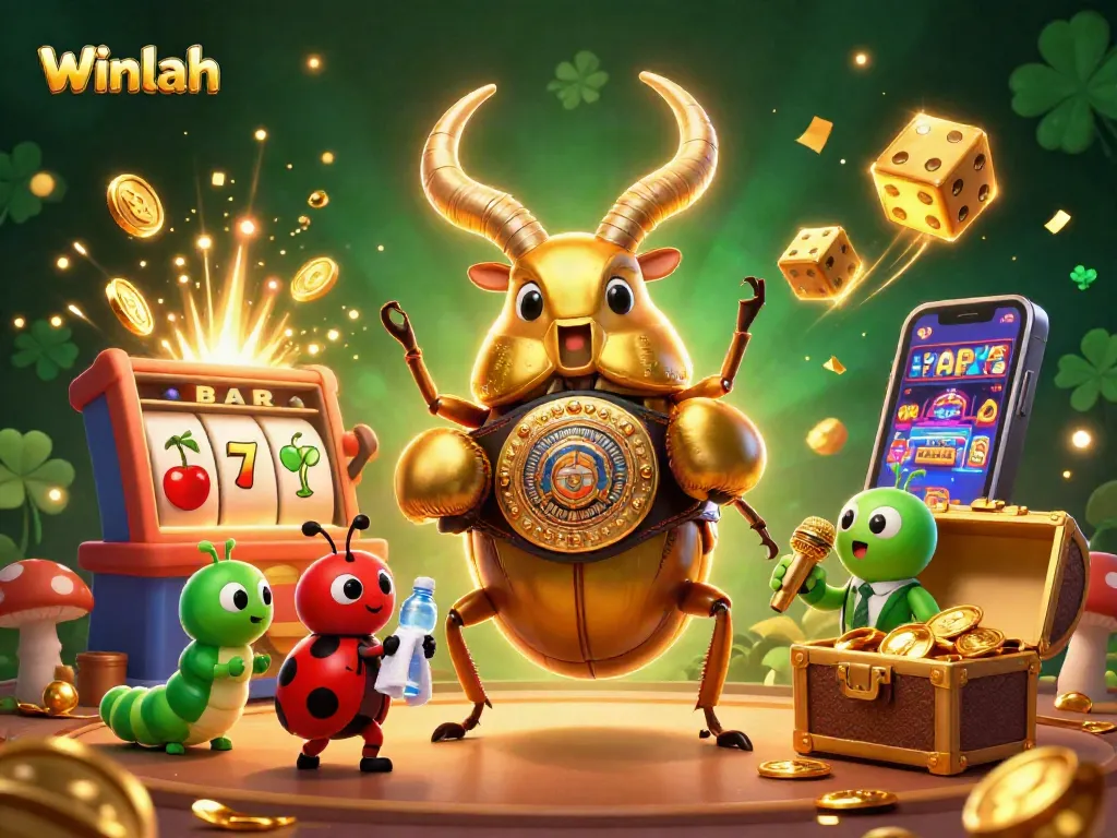 Experience the excitement of Winlah with a 3D illustration featuring vibrant casino elements and characters.