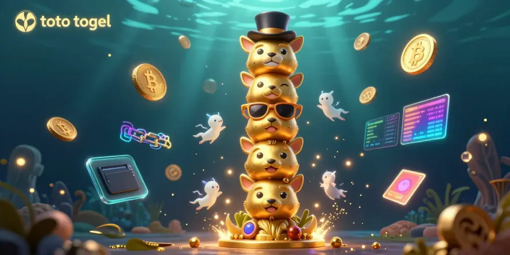 Experience the thrilling world of toto togel with this vibrant and dynamic underwater casino illustration featuring mystical totem poles and cryptocurrency elements.