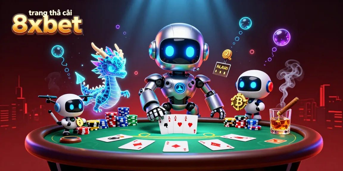 Engage with the vibrant world of trang nhà cái 8xbet, featuring dynamic casino elements and a cyberpunk robot mascot.