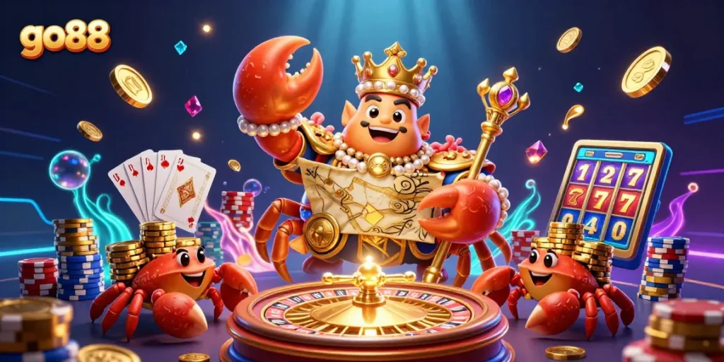 Experience thrilling gameplay at go88 with a golden crab emperor and treasure map amidst casino elements.