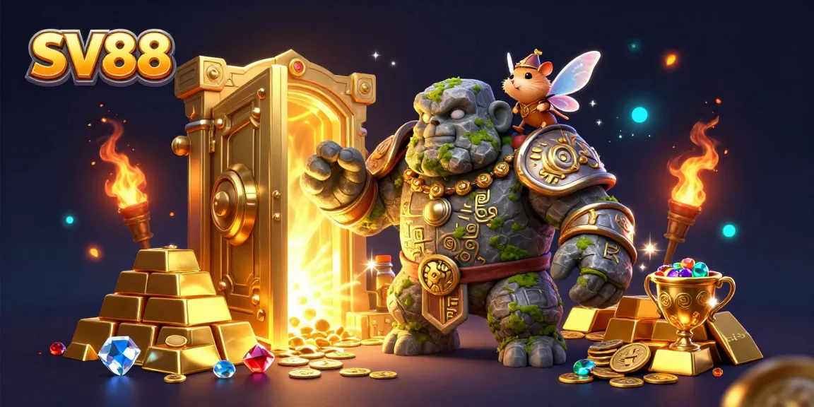 Enhance your experience with SV88, featuring a magical golem and treasures in a vibrant 3D casino scene.