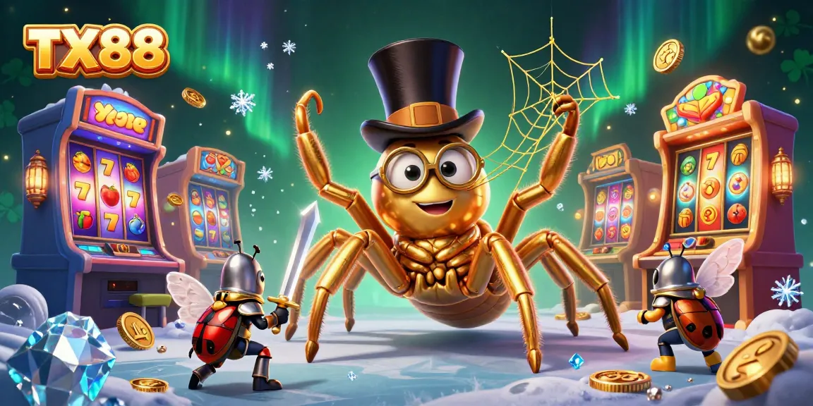 Experience the excitement of TX88 with a golden tarantula and beetle knight amidst casino gaming elements.