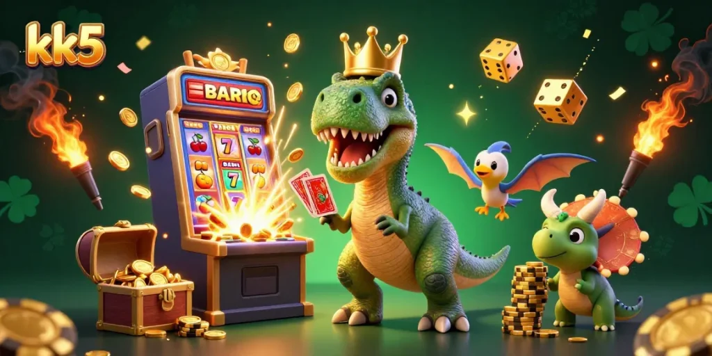 Play exciting games at kk5 with a fun illustration of characters enjoying a lively casino scene.