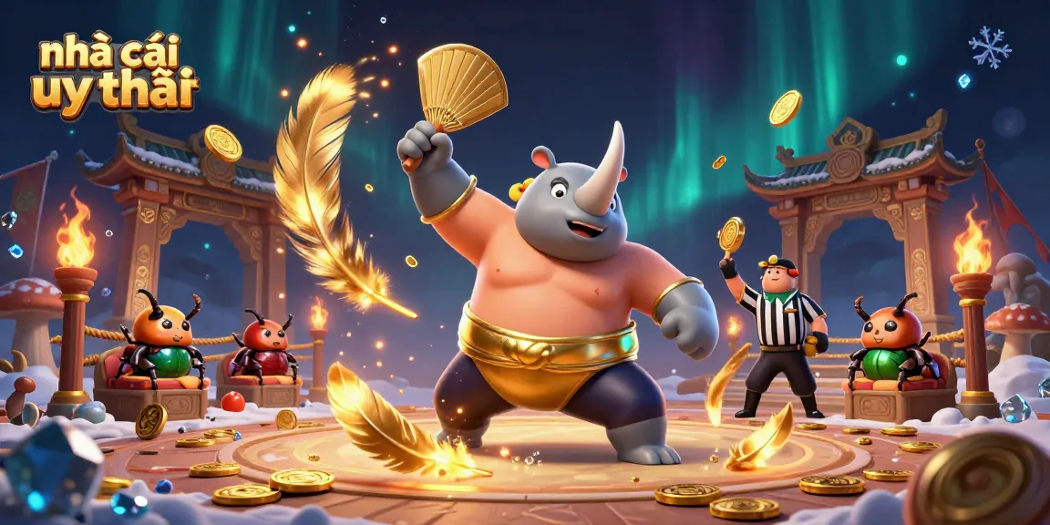 Experience thrilling action at nhà cái uy tín with a sumo champion beetle, golden coins, and dynamic gambling elements.