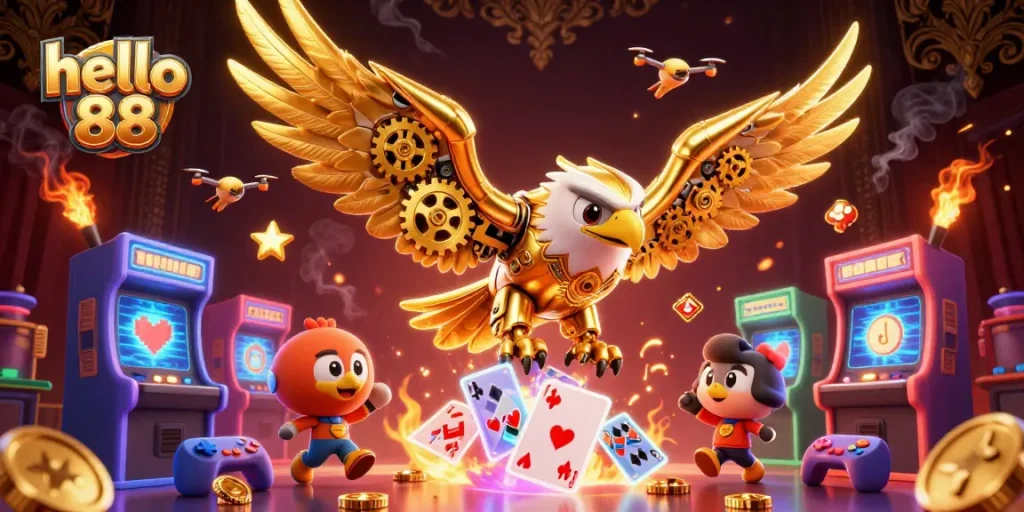 Experience thrilling gameplay with hello 88 as a golden eagle soars through holographic cards and vibrant arcade machines.