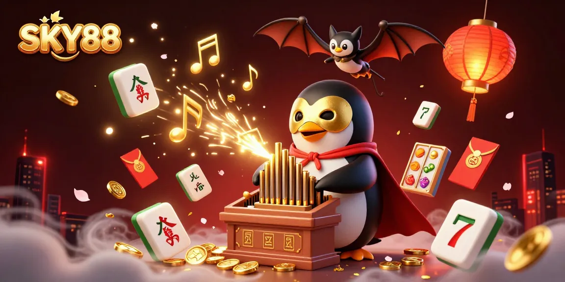 SKY88 engages players with lively slot reels and golden coins in an enchanting casino illustration.