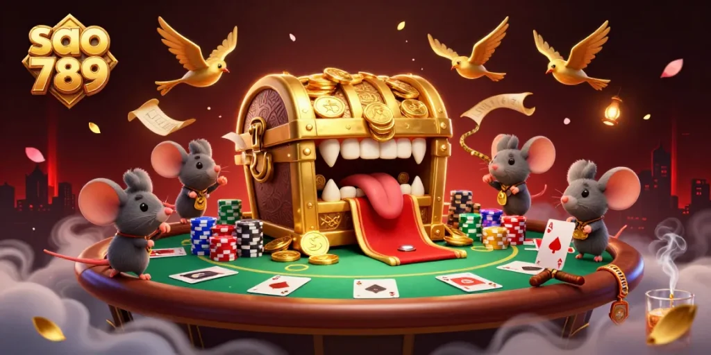 Engage in the thrilling world of sao 789 with a whimsical treasure chest and poker casino elements.