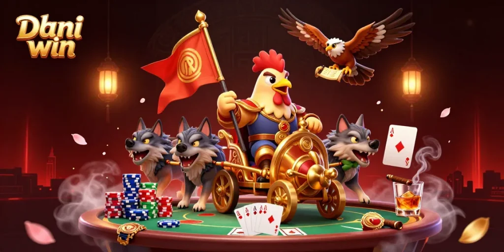Dhani win showcases thrilling gameplay with a cartoon rooster warlord and poker elements in an exciting casino scene.