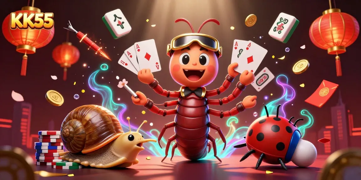 Experience the excitement at KK55 with a 3D dealer fanning cards amidst vibrant casino elements.
