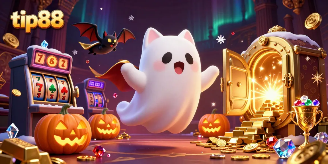 Engage with tip88's casino excitement as a friendly ghost cat and bat explore a haunted game mansion.