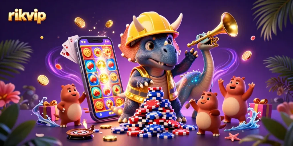 Celebrate wins with rikvip as a triceratops builds poker chip pyramid while a parasaurolophus toots in joy.
