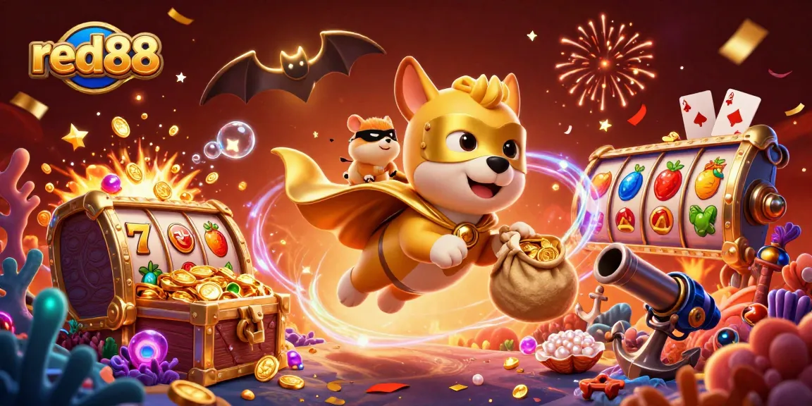 Engage with red88's vibrant casino world alongside a playful superhero dog and hamster.