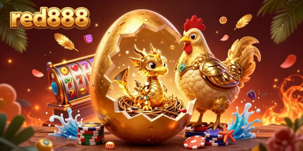 Spin and win at red888 with a golden dragon guarding poker chips amidst a vibrant casino scene.