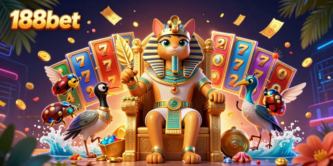 Experience the thrill of 188bet with colorful slot games, golden tickets, and joyful characters in a dynamic casino scene.