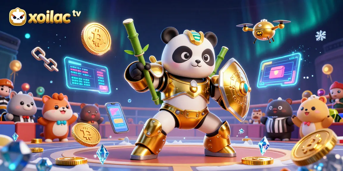 Experience thrilling action with xoilac tv in a 3D panda mech-battle arena surrounded by vibrant cryptocurrency elements.