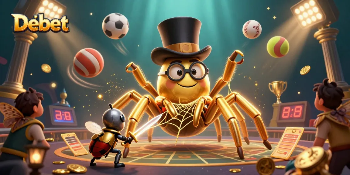 Engage with Debet through a lively scene of a golden tarantula and beetle knight in a dynamic casino setting.