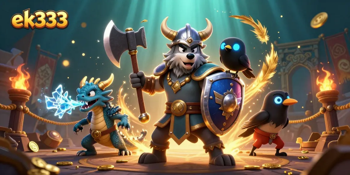 Experience the thrill of ek333 casino games featuring a Viking wolf warrior, dragon, and fantasy elements.
