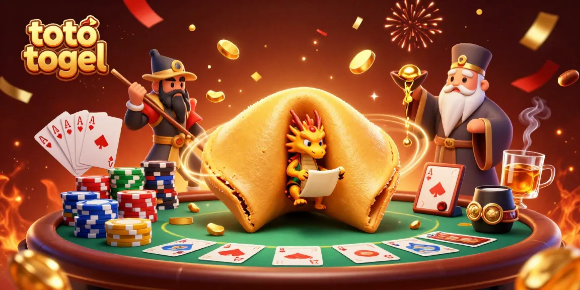 Engage in toto togel with dynamic gambling elements, showcasing fortune cookies and poker chips.