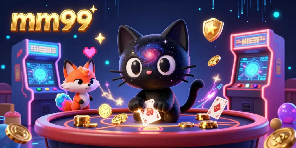 Join the excitement at mm99 casino with vibrant games and captivating characters in this stunning illustration.