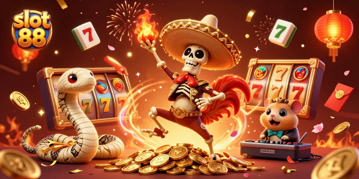 Engage with slot 88 through a vibrant celebration of animated characters, festive elements, and gaming excitement.
