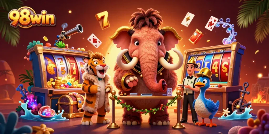 Experience the excitement of 98win with a colorful 3D illustration featuring a majestic woolly mammoth bouncer amidst casino elements.