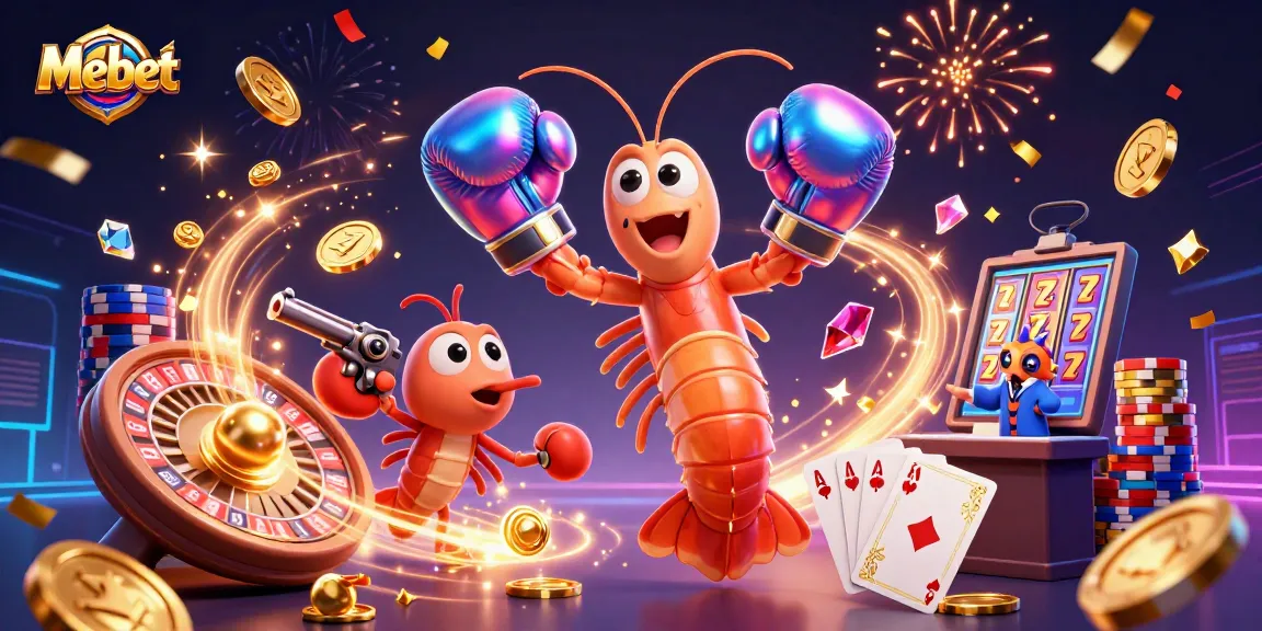 Mebet gaming illustration showing a mantis shrimp, pistol shrimp, and coral grouper celebrating a jackpot.