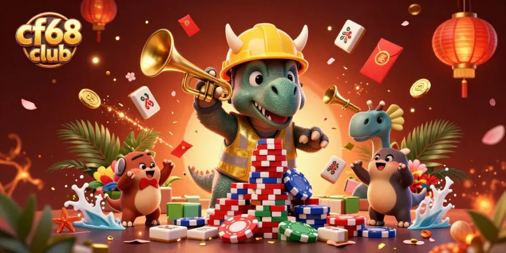 The triceratops at cf68 club builds a poker chip pyramid, celebrating vibrant casino elements.