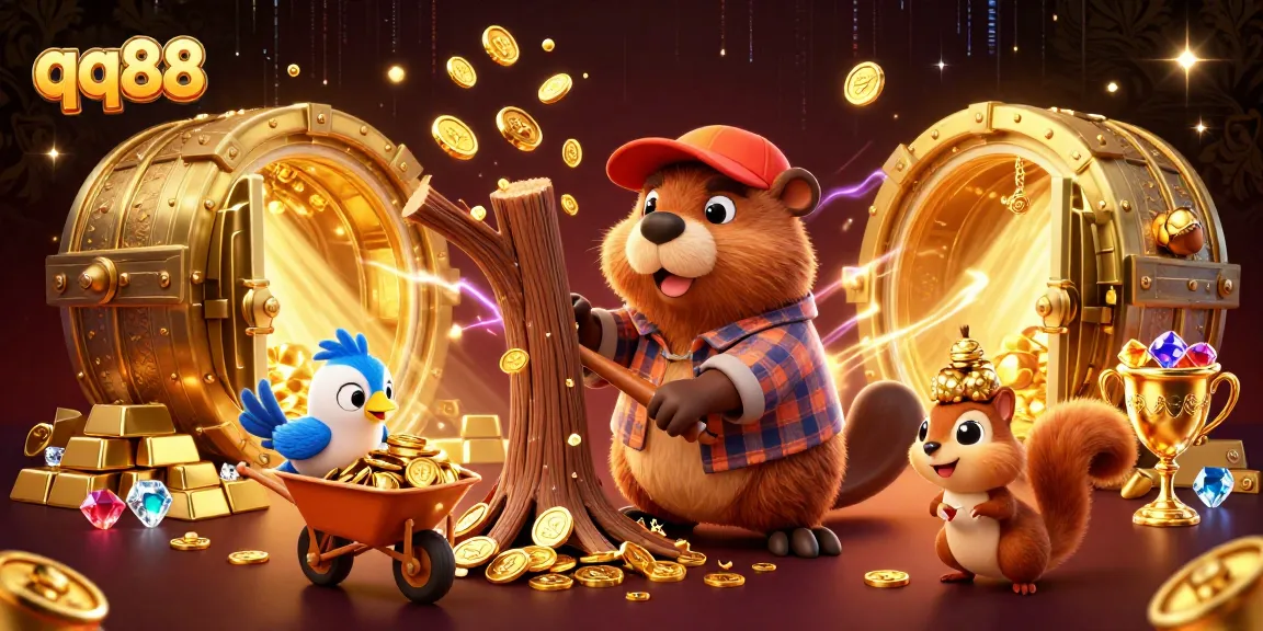 Experience the excitement of qq88 with a beaver, bird, and squirrel in a gold-filled casino scene.