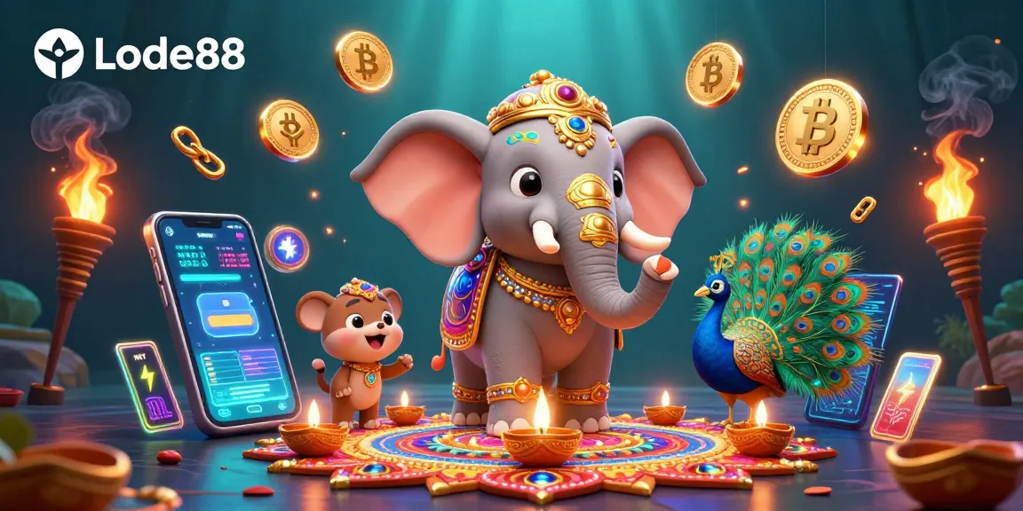 Experience the vibrant Lode88 casino adventure with dazzling crypto elements and festive characters.