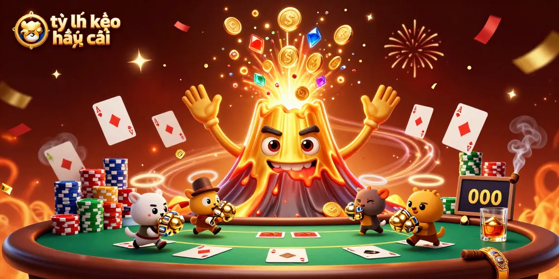 Engaging scene showcasing tỷ lệ kèo nhà cái with a golden volcano, poker elements, and treasures for gamblers.