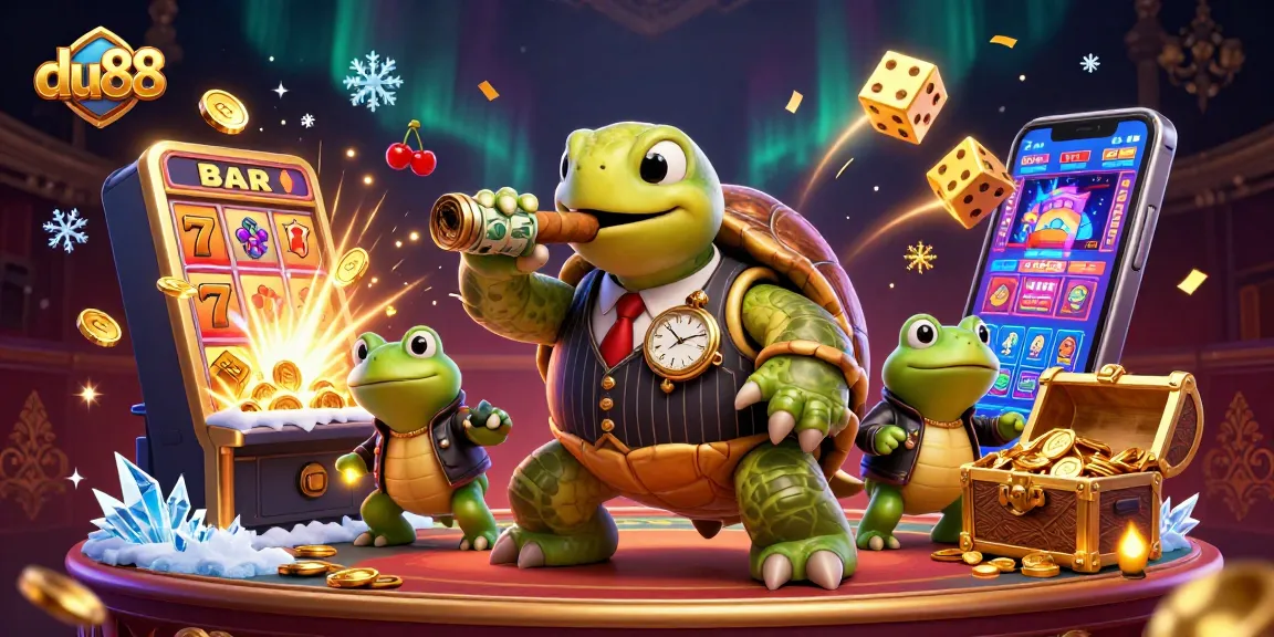 Join the excitement at du88 with a vivid 3D casino scene featuring a turtle mobster and vibrant slot elements.