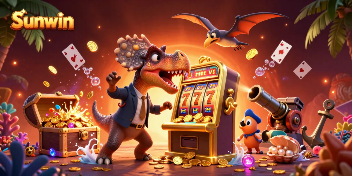 Experience the excitement as Sunwin's characters interact in a vivid casino scene filled with jackpot fun.