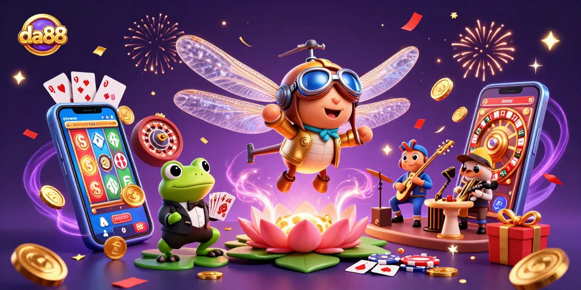Experience the excitement of da88 with a 3D illustration of a vibrant casino scene featuring a dragonfly pilot and frog croupier.