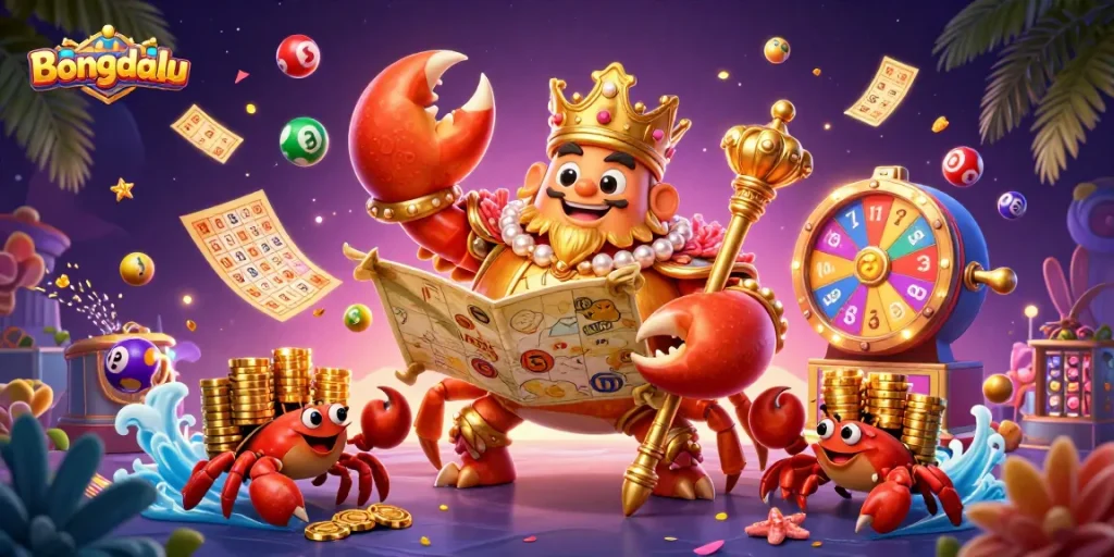 Bongdalu illustrates a 3D cartoon crab emperor commanding treasure and lottery balls in an engaging casino scene.