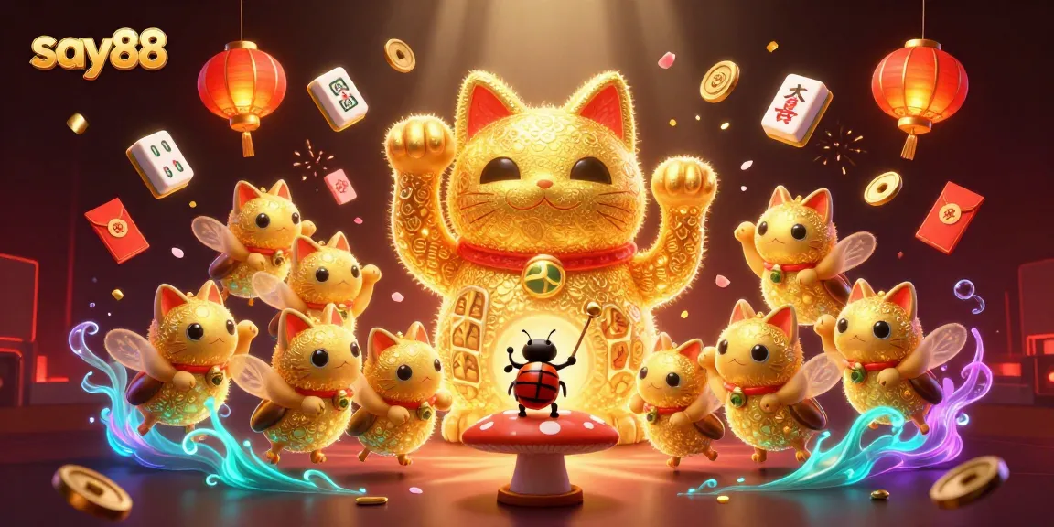 Experience the thrill of say88 with a vibrant 3D lucky cat illustration amidst casino symbols and festive elements.
