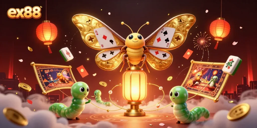 Experience thrilling casino action with ex88 in vibrant 3D digital art featuring a majestic atlas moth.