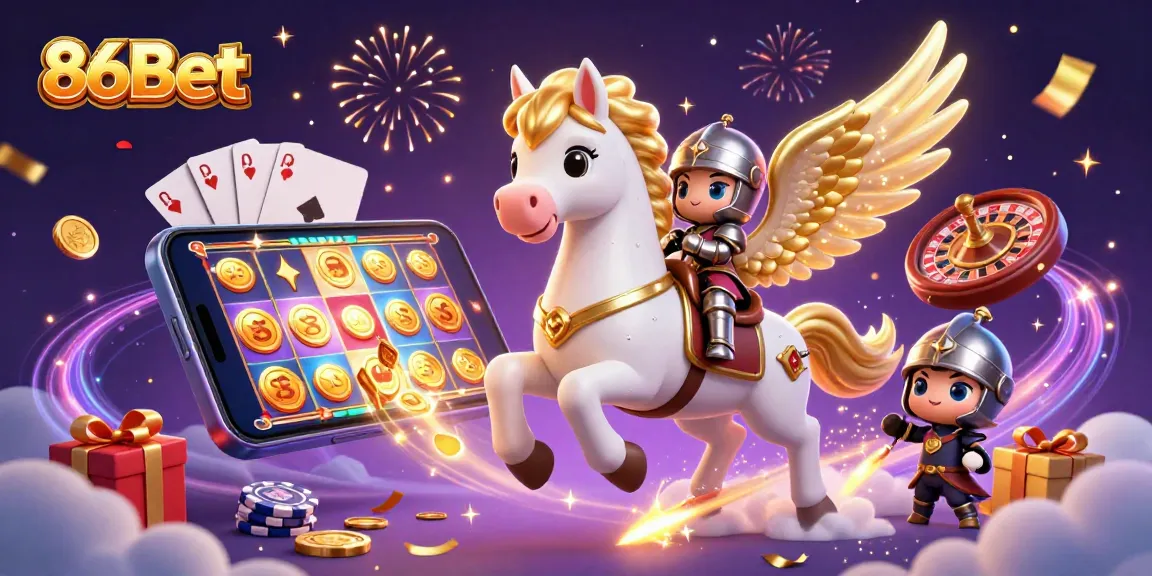 Experience excitement with 86Bet in a mesmerizing 3D casino illustration, featuring dynamic game elements.