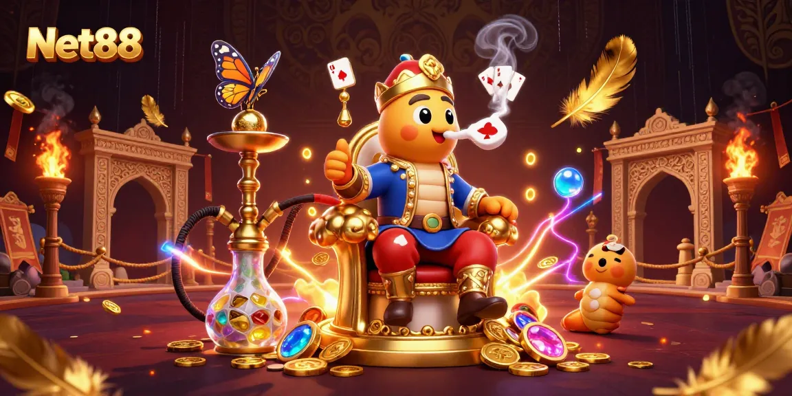 Experience rich casino gaming atmosphere with Net88’s vibrant illustration of a whimsical hookah-master and golden elements.