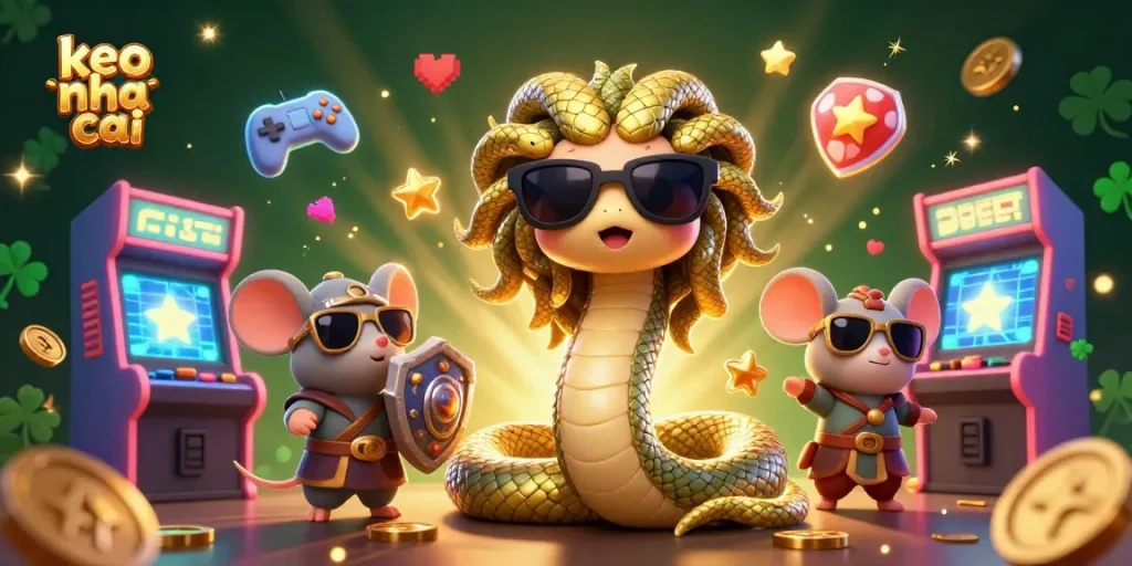 Bet on keo nha cai with engaging 3D Medusa and warrior characters amid vibrant arcade game elements.