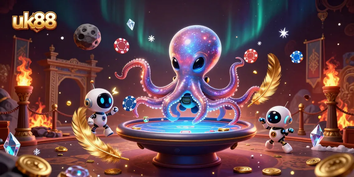 uk88 aliens playing holographic poker surrounded by vibrant casino elements
