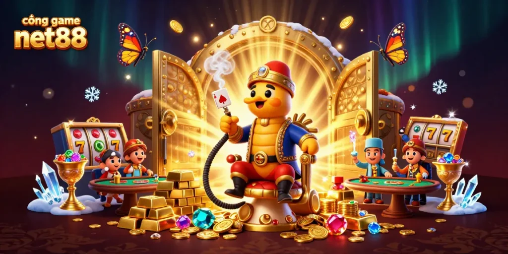 Experience thrilling gameplay at cổng game net88 with an enchanting 3D casino scene filled with treasures and characters.