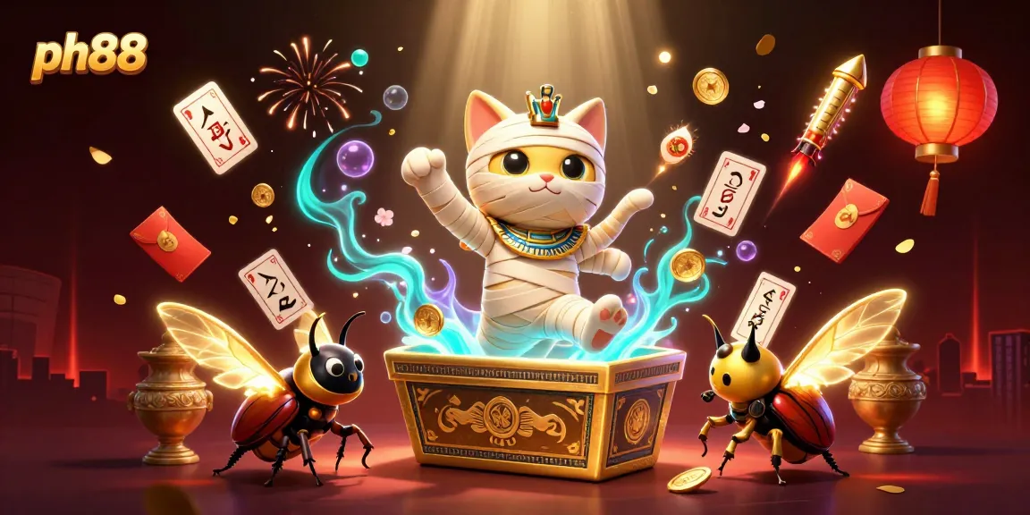 Experience thrilling games at ph88 with a vibrant casino scene featuring a mummy cat, scarab, and floating elements.