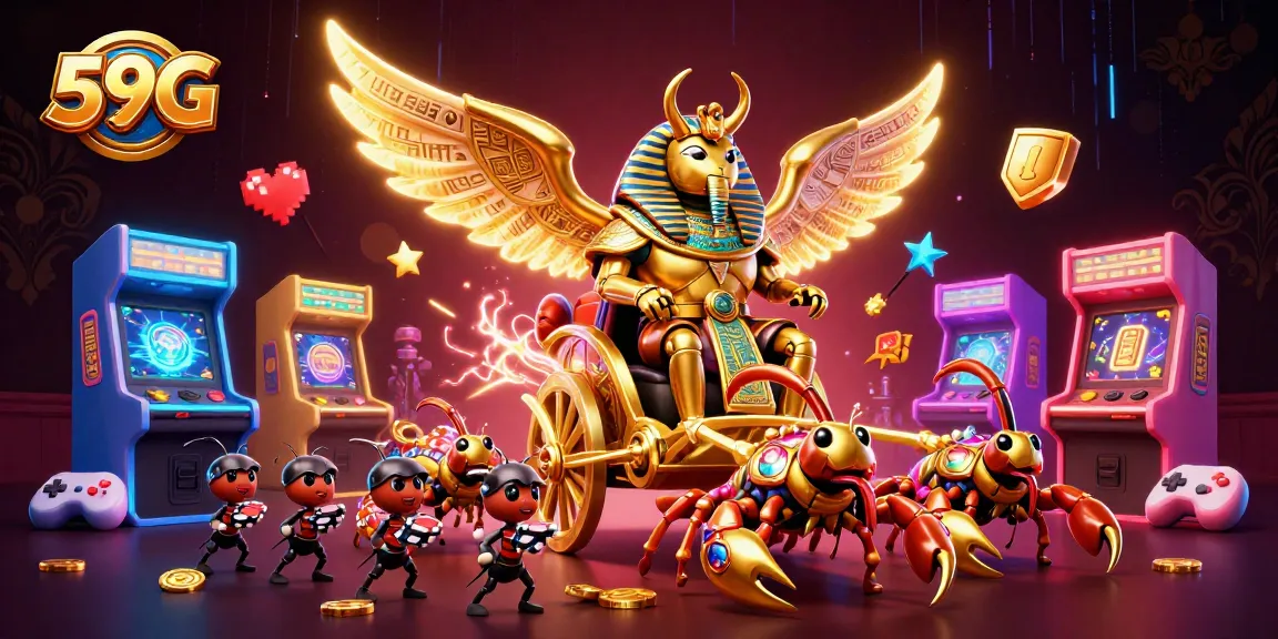 Experience the excitement of 59G with vibrant casino elements featuring a grand golden scarab beetle.